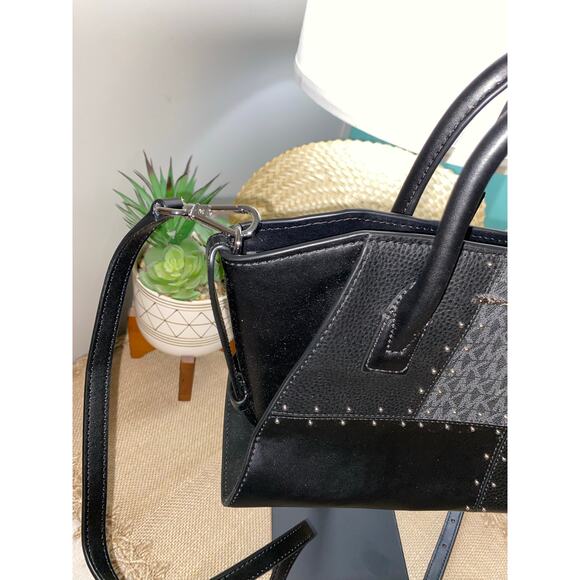 Michael Kors Avril Small Studded Patchwork Signature Logo Satchel Purse GUC - Picture 2 of 8